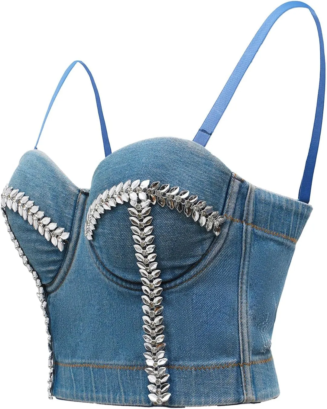 Women's Denim Tank Top Corset Bustier Blue Jean Crop Top Bra Streetwear Cami Detachable Straps Push Up Vest