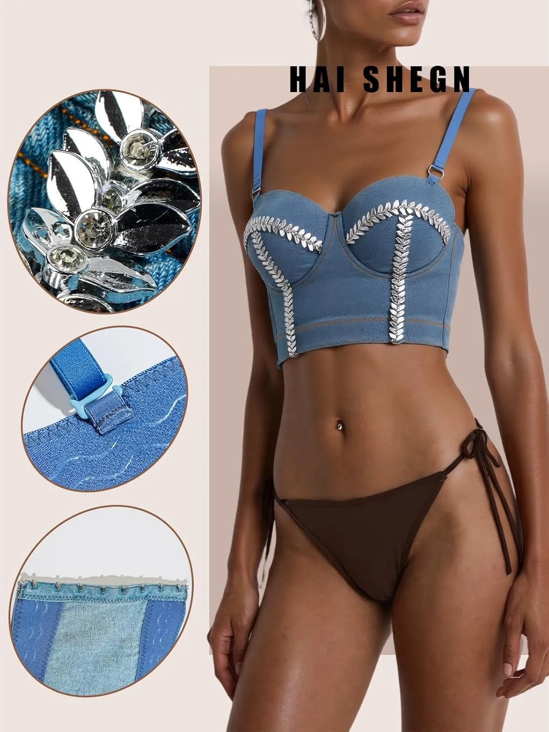 Women's Denim Tank Top Corset Bustier Blue Jean Crop Top Bra Streetwear Cami Detachable Straps Push Up Vest