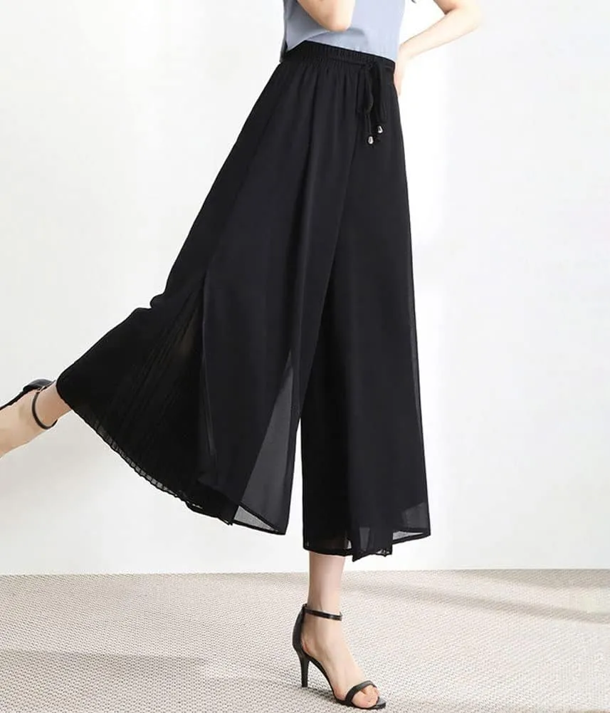 Women's Drawstring Waist A-Line Pleated Chiffon Cropped Wide Leg Culottes Palazzo Pants with Side Slit