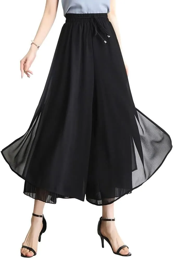 Women's Drawstring Waist A-Line Pleated Chiffon Cropped Wide Leg Culottes Palazzo Pants with Side Slit