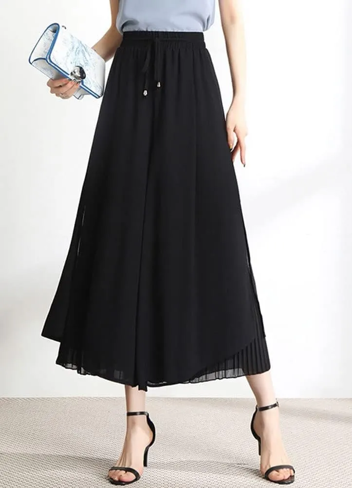 Women's Drawstring Waist A-Line Pleated Chiffon Cropped Wide Leg Culottes Palazzo Pants with Side Slit