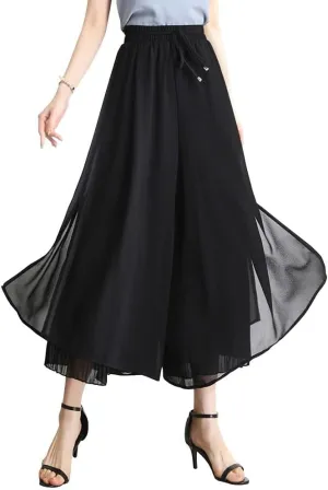 Women's Drawstring Waist A-Line Pleated Chiffon Cropped Wide Leg Culottes Palazzo Pants with Side Slit
