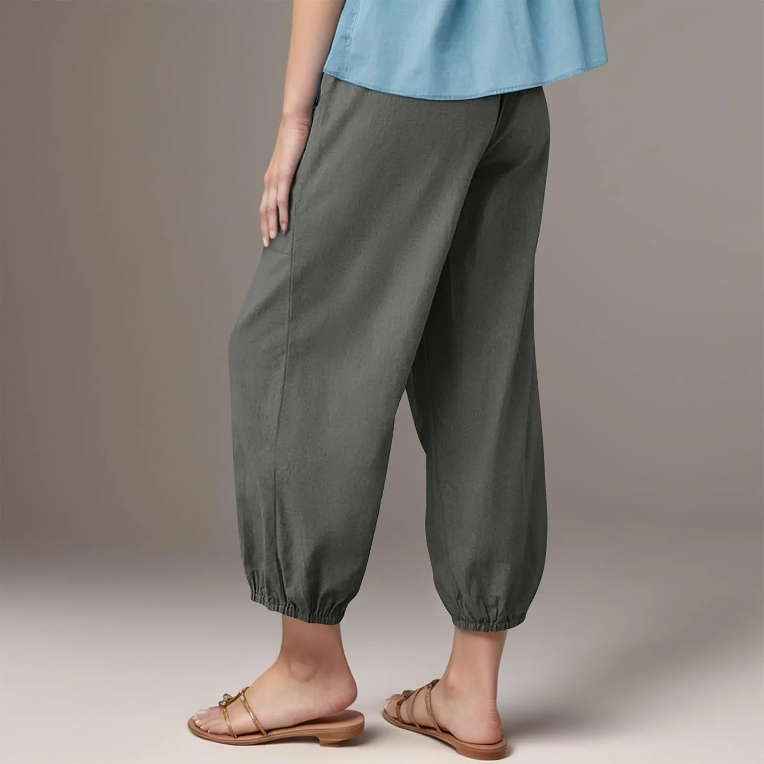 Women's High Waist Capri Baggy Drawstring Pants Cinch Bottom with Button Cotton Linen Loose Casual Trouser Pockets