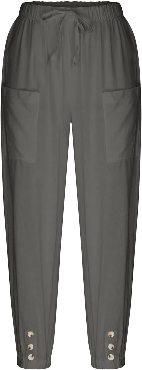 Women's High Waist Capri Baggy Drawstring Pants Cinch Bottom with Button Cotton Linen Loose Casual Trouser Pockets