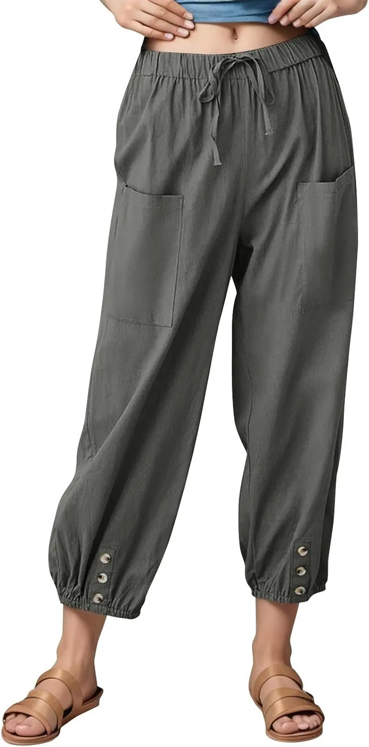 Women's High Waist Capri Baggy Drawstring Pants Cinch Bottom with Button Cotton Linen Loose Casual Trouser Pockets