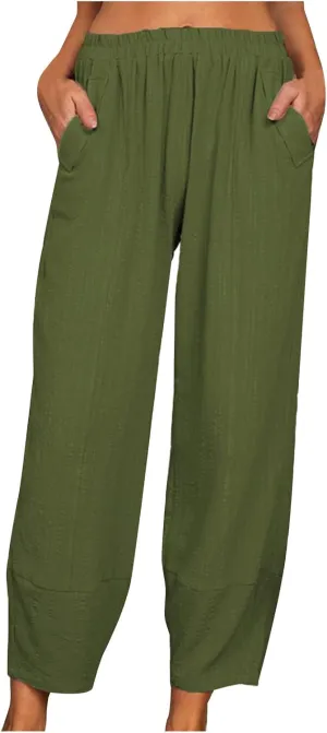 Women's High Waist Pants Drawstring Cargo Capri Pants Pockets Drawstring Causal Palazzo Pants Trousers with Pockets