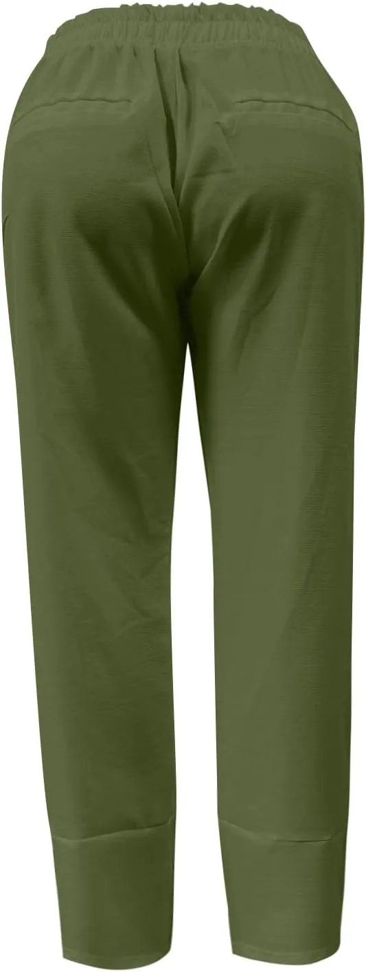 Women's High Waist Pants Drawstring Cargo Capri Pants Pockets Drawstring Causal Palazzo Pants Trousers with Pockets