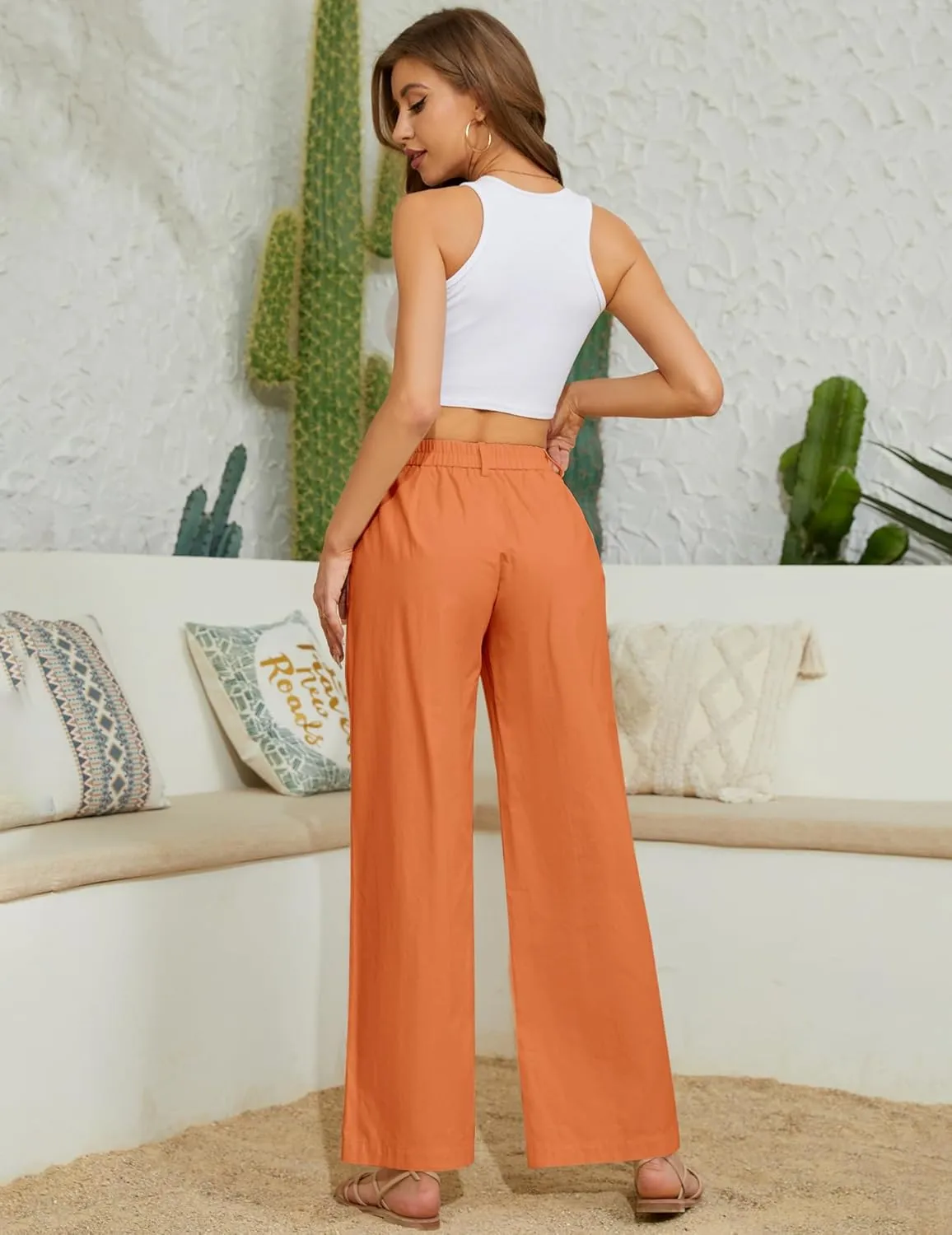 Women's High Waist Pants Wide Leg Baggy Casual Button Down Loose Comfy Lounge Trousers with Pockets
