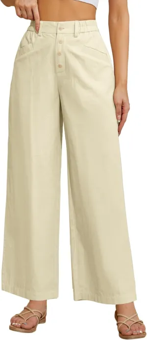 Women's High Waist Pants Wide Leg Baggy Casual Button Down Loose Comfy Lounge Trousers with Pockets