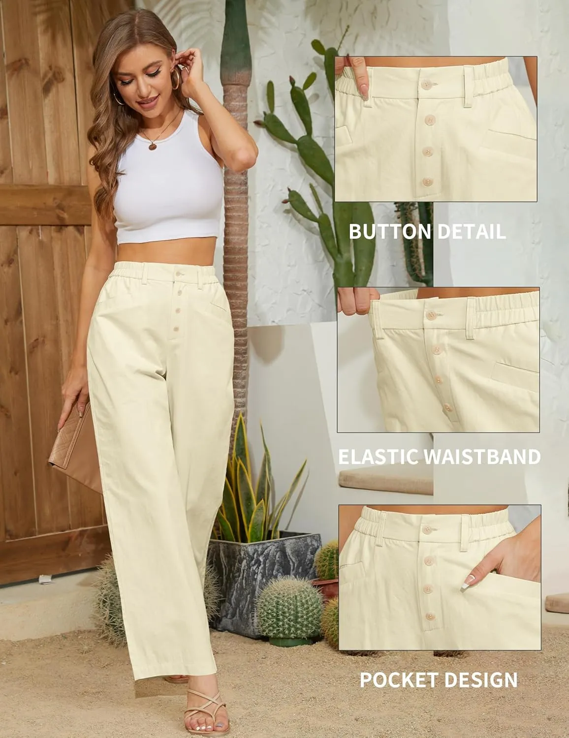 Women's High Waist Pants Wide Leg Baggy Casual Button Down Loose Comfy Lounge Trousers with Pockets