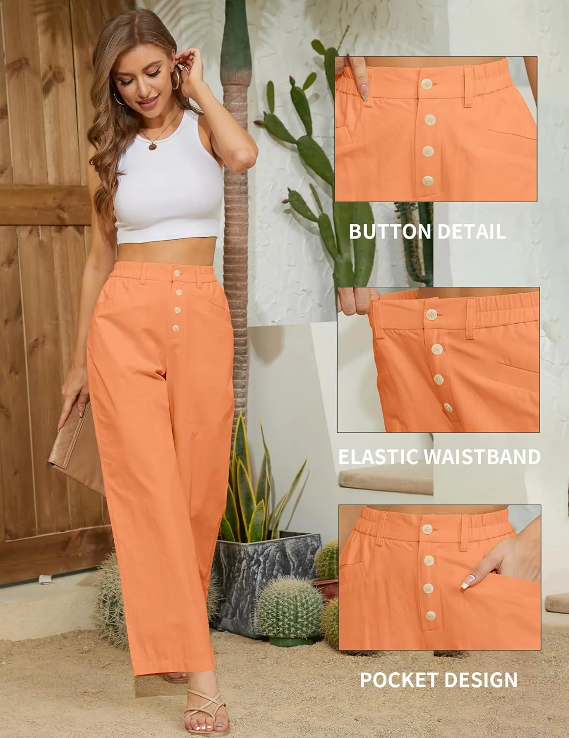 Women's High Waist Pants Wide Leg Baggy Casual Button Down Loose Comfy Lounge Trousers with Pockets