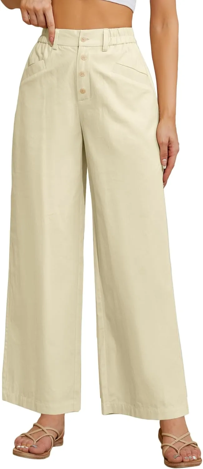 Women's High Waist Pants Wide Leg Baggy Casual Button Down Loose Comfy Lounge Trousers with Pockets