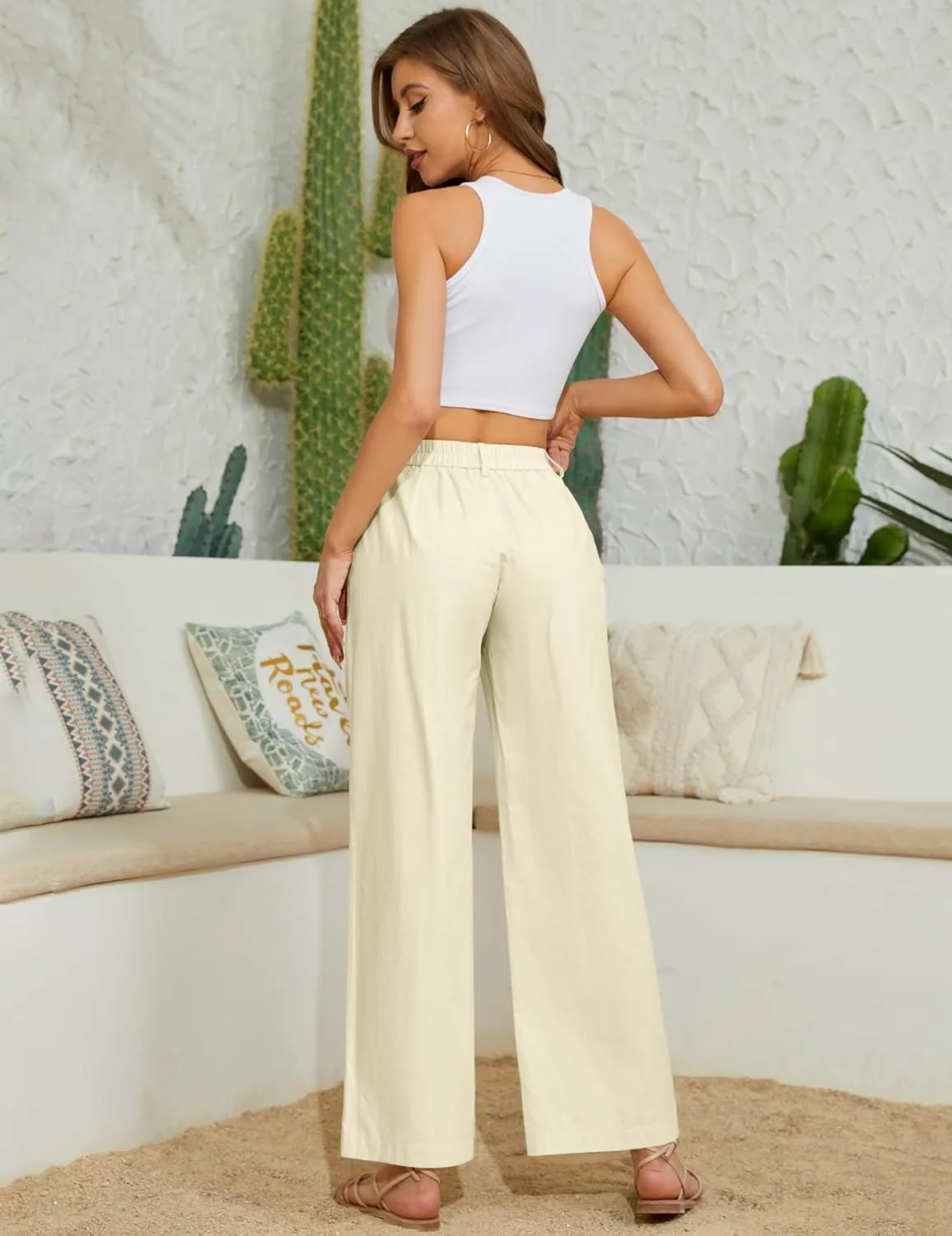 Women's High Waist Pants Wide Leg Baggy Casual Button Down Loose Comfy Lounge Trousers with Pockets