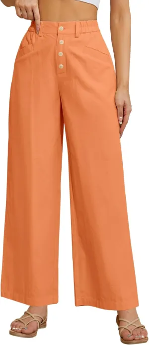 Women's High Waist Pants Wide Leg Baggy Casual Button Down Loose Comfy Lounge Trousers with Pockets