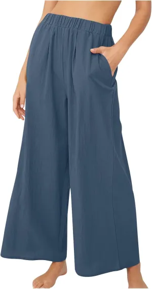 Womens High Waist Wide Leg Pants Casual Summer Elastic Waist Loose Comfy Flowy Lounge Pant Trouser with Pockets