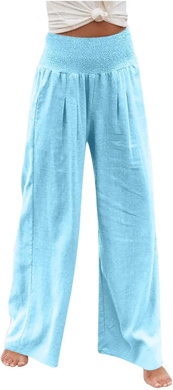 Womens High Waist Wide Leg Pants Trendy Summer Palazzo Pant Loose Comfy Lightweight Long Lounge Trousers