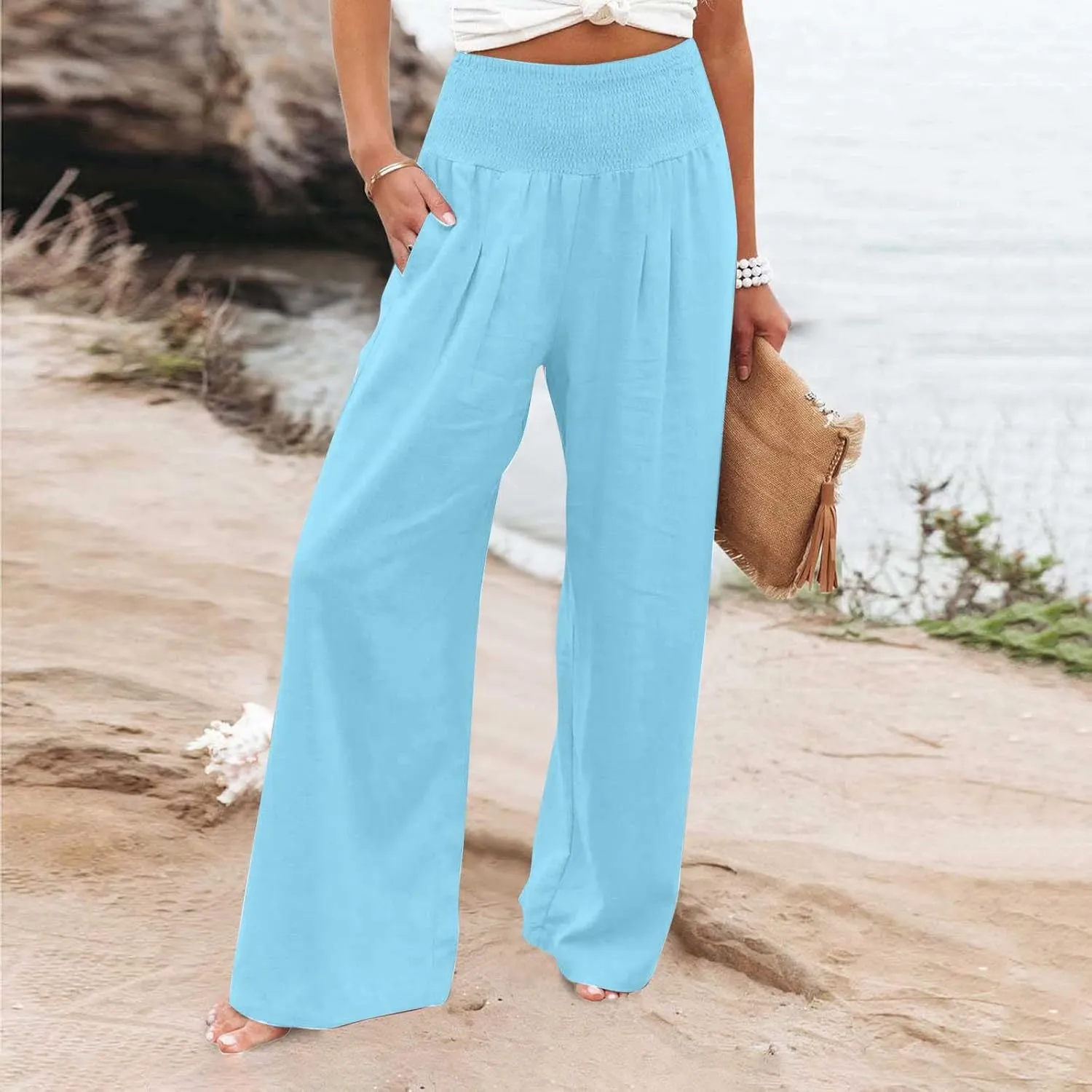 Womens High Waist Wide Leg Pants Trendy Summer Palazzo Pant Loose Comfy Lightweight Long Lounge Trousers