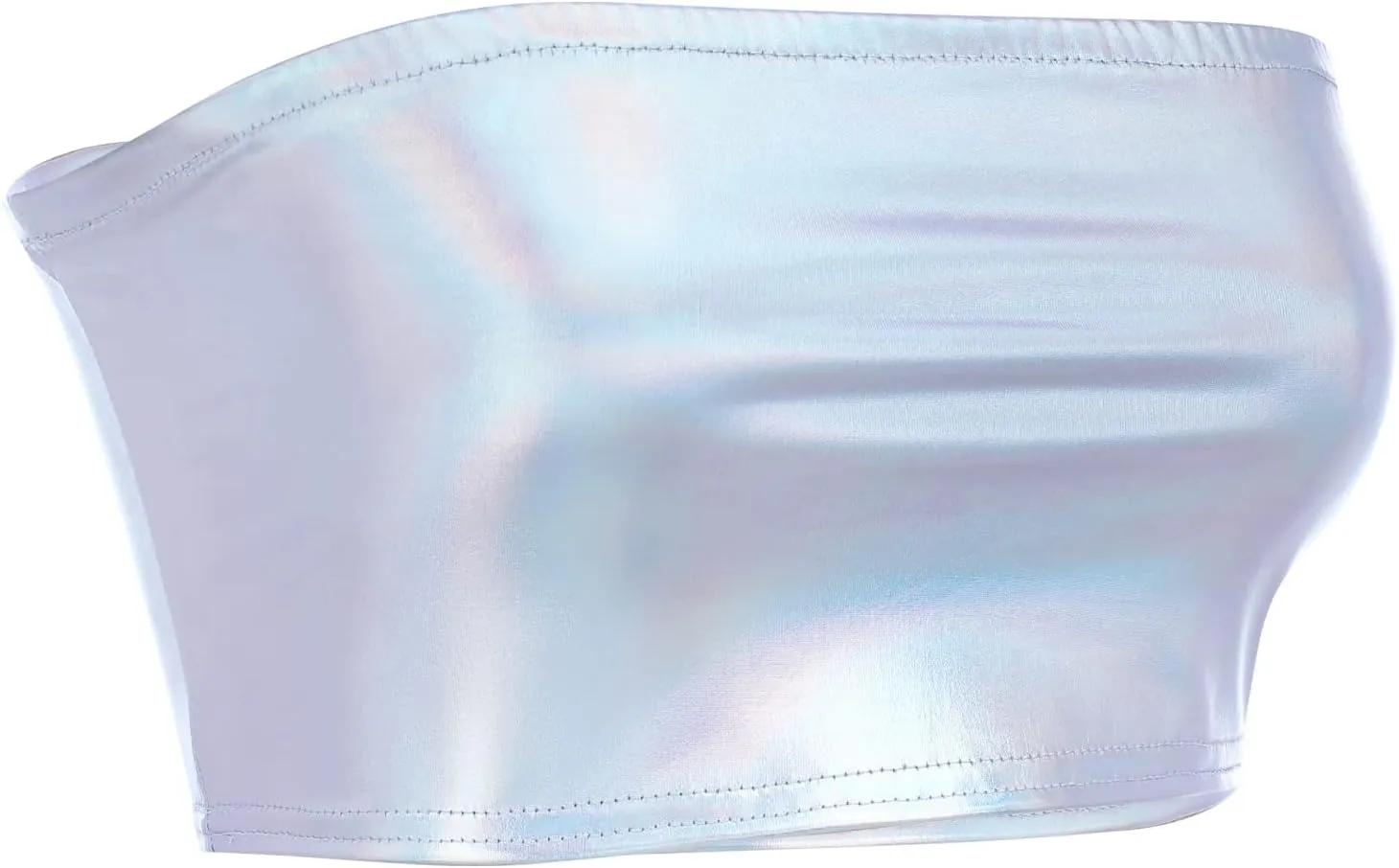 Womens Holographic Metallic Shiny Off Shoulder Crop Top Bustier Tube Top Blouse Rave Causal Strapless Basic Sexy Vest
