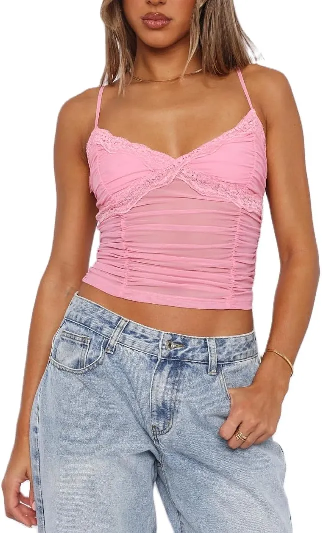 Women's Lace Trim Tank Top Sleeveless Spaghetti Strap Bustier Camis Top Backless Lace Sheer Camisoles Going Out Tops