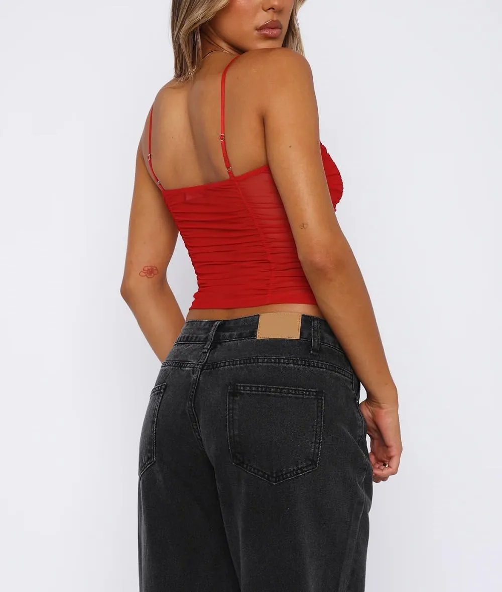 Women's Lace Trim Tank Top Sleeveless Spaghetti Strap Bustier Camis Top Backless Lace Sheer Camisoles Going Out Tops