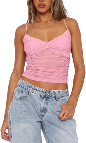 Women's Lace Trim Tank Top Sleeveless Spaghetti Strap Bustier Camis Top Backless Lace Sheer Camisoles Going Out Tops