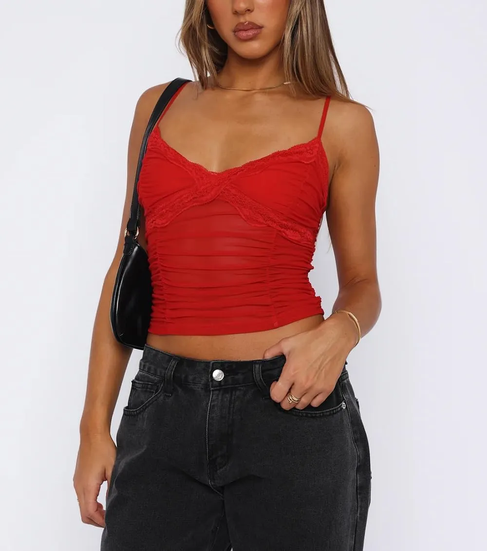 Women's Lace Trim Tank Top Sleeveless Spaghetti Strap Bustier Camis Top Backless Lace Sheer Camisoles Going Out Tops