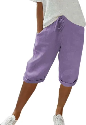 Women's Linen Capri Pants with Drawstring Drawstring Casual Solid Color Shorts Loose Comfy Trendy Elastic Waist Cropped