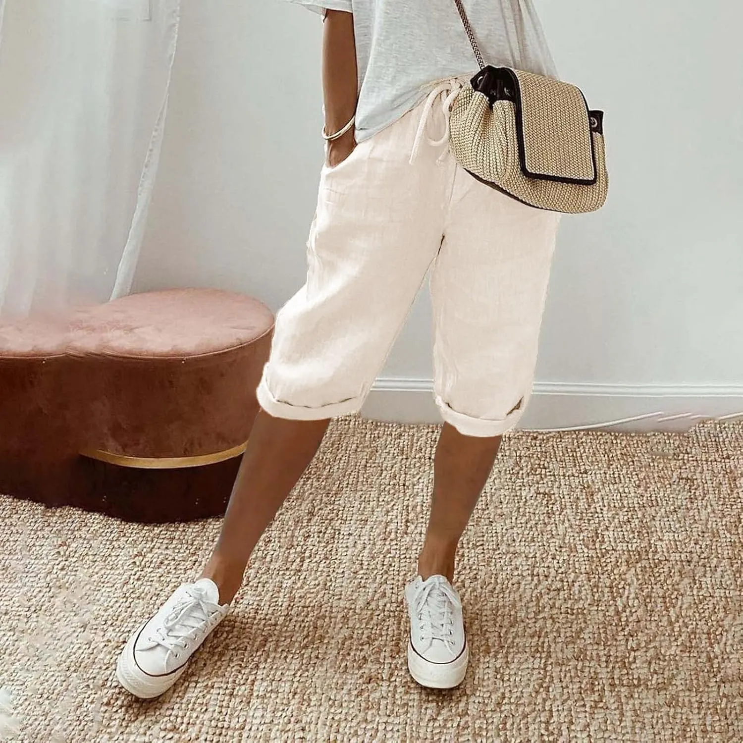 Women's Linen Capri Pants with Drawstring Drawstring Casual Solid Color Shorts Loose Comfy Trendy Elastic Waist Cropped