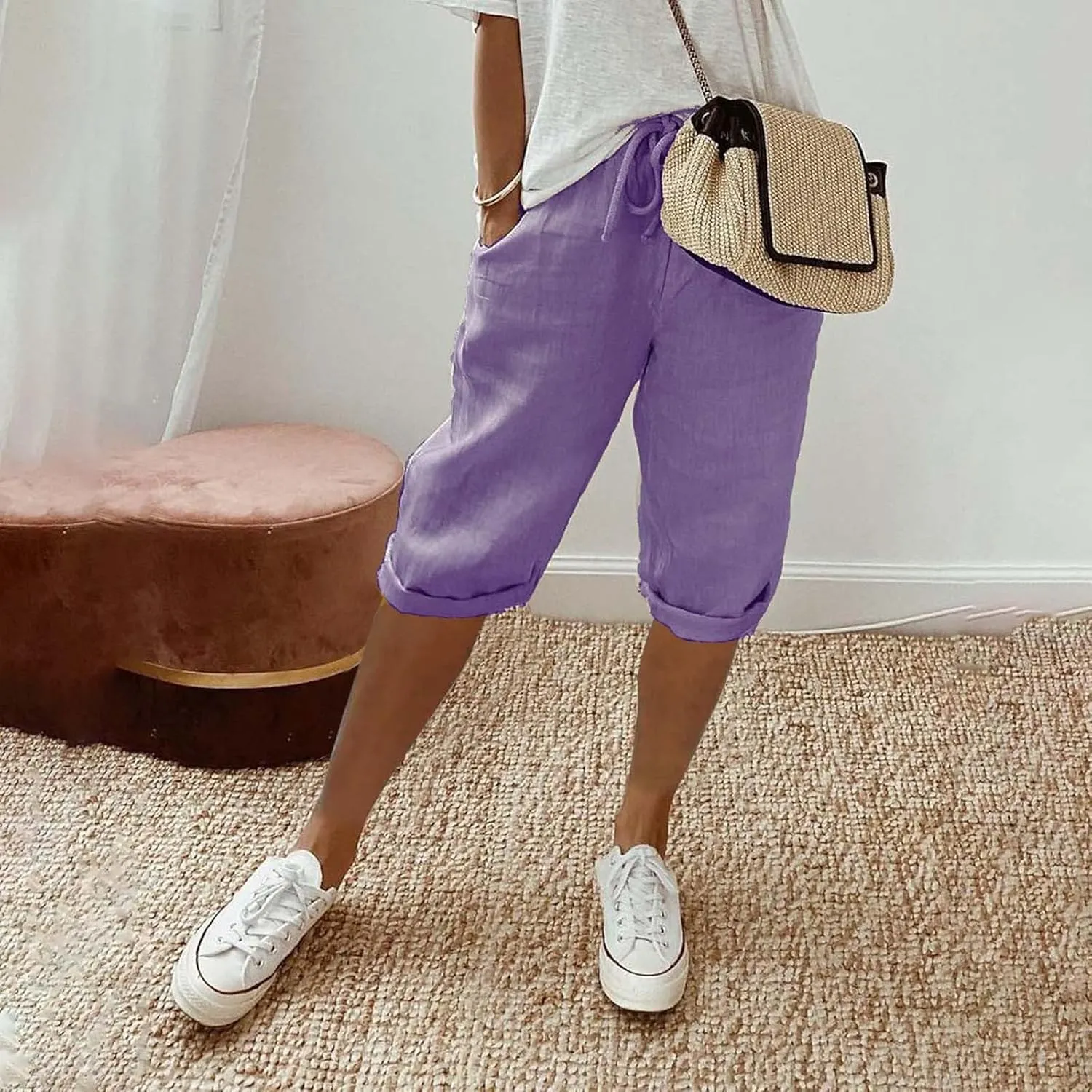 Women's Linen Capri Pants with Drawstring Drawstring Casual Solid Color Shorts Loose Comfy Trendy Elastic Waist Cropped