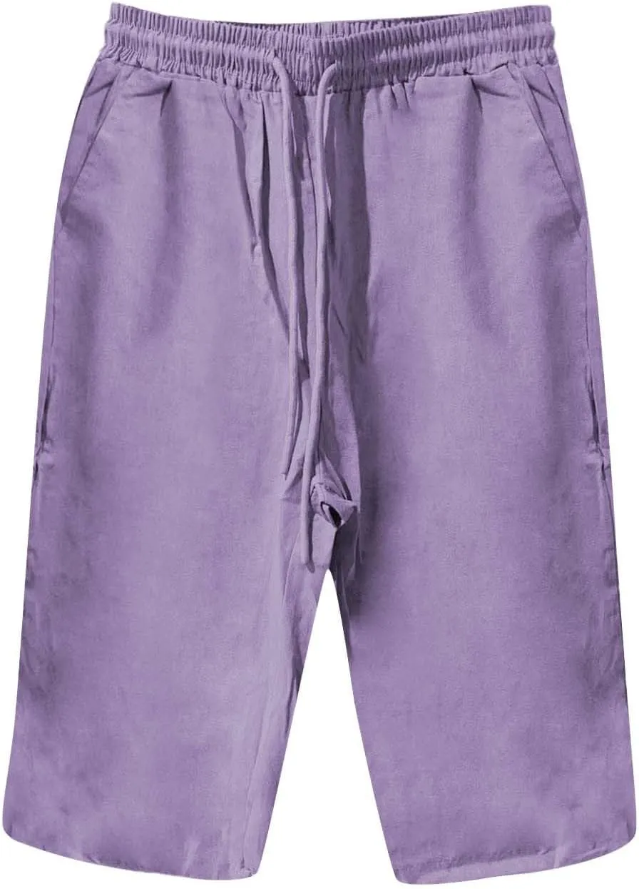 Women's Linen Capri Pants with Drawstring Drawstring Casual Solid Color Shorts Loose Comfy Trendy Elastic Waist Cropped