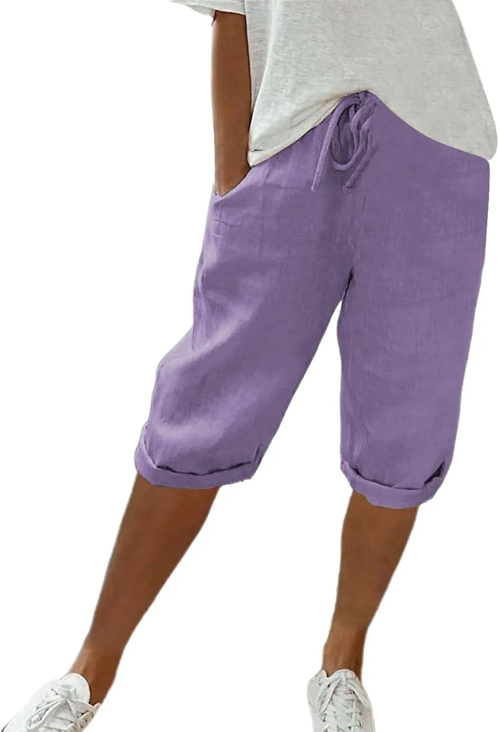 Women's Linen Capri Pants with Drawstring Drawstring Casual Solid Color Shorts Loose Comfy Trendy Elastic Waist Cropped