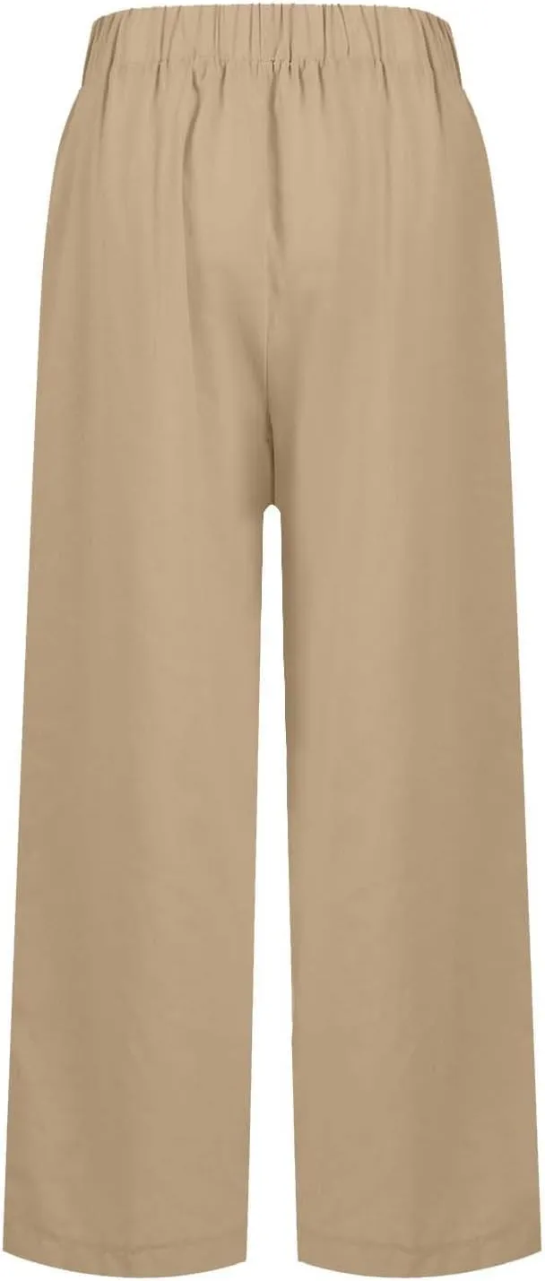 Womens Linen Cropped Pants High Waisted Summer Beach Pants Elastic Waist Tapered Pants Casual Ankle Length Trousers