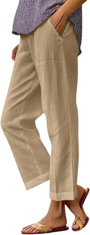 Womens Linen Cropped Pants High Waisted Summer Beach Pants Elastic Waist Tapered Pants Casual Ankle Length Trousers