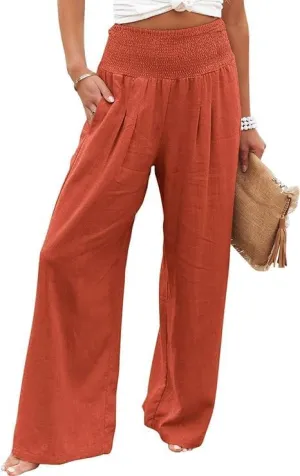 Womens Linen High Waist Pants Casual Palazzo Elastic Loose Comfy Trousers Pockets