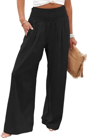 Womens Linen High Waist Pants Casual Palazzo Elastic Loose Comfy Trousers Pockets