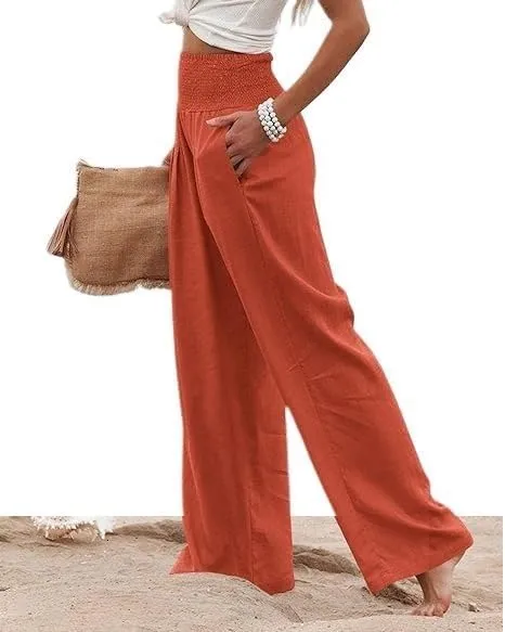 Womens Linen High Waist Pants Casual Palazzo Elastic Loose Comfy Trousers Pockets