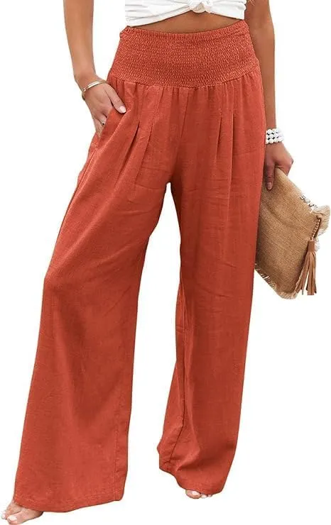 Womens Linen High Waist Pants Casual Palazzo Elastic Loose Comfy Trousers Pockets