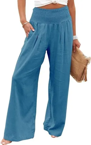 Womens Linen High Waist Pants Casual Palazzo Elastic Loose Comfy Trousers Pockets