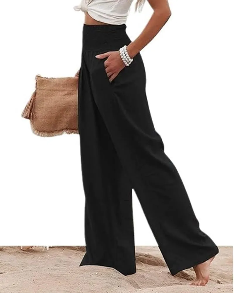 Womens Linen High Waist Pants Casual Palazzo Elastic Loose Comfy Trousers Pockets