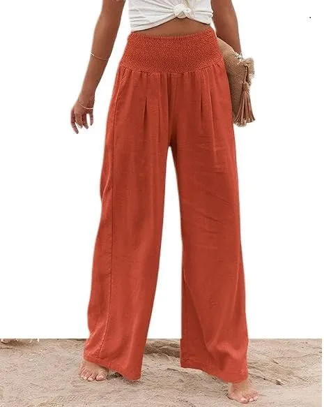 Womens Linen High Waist Pants Casual Palazzo Elastic Loose Comfy Trousers Pockets