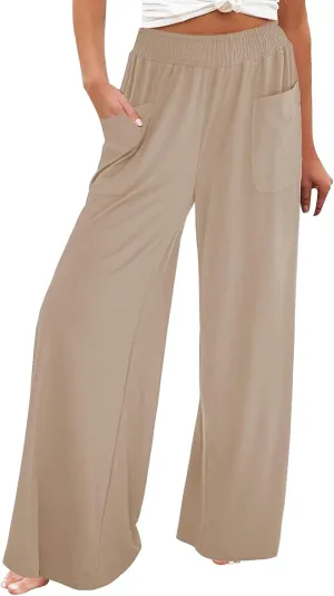 Women's Linen Pants Casual High Elastic Waist Wide Leg Palazzo Lounge Trousers Summer Beach Flowy Pants Culottes with Pockets