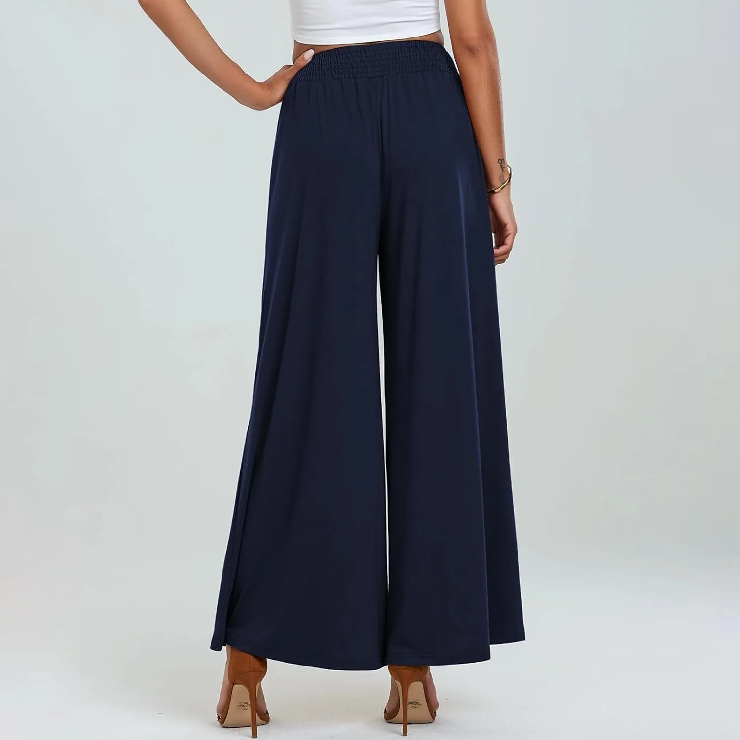 Women's Linen Pants Casual High Elastic Waist Wide Leg Palazzo Lounge Trousers Summer Beach Flowy Pants Culottes with Pockets