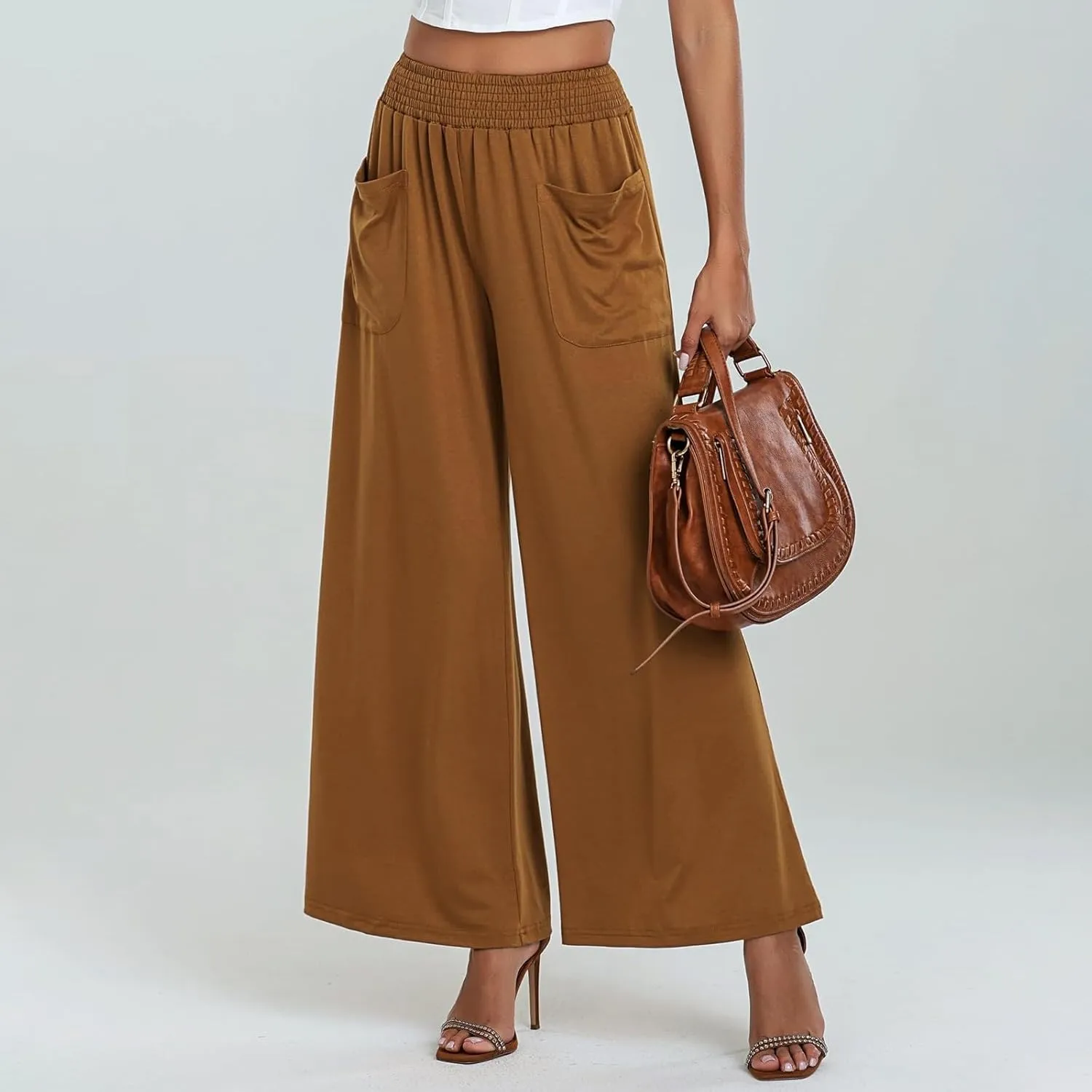 Women's Linen Pants Casual High Elastic Waist Wide Leg Palazzo Lounge Trousers Summer Beach Flowy Pants Culottes with Pockets
