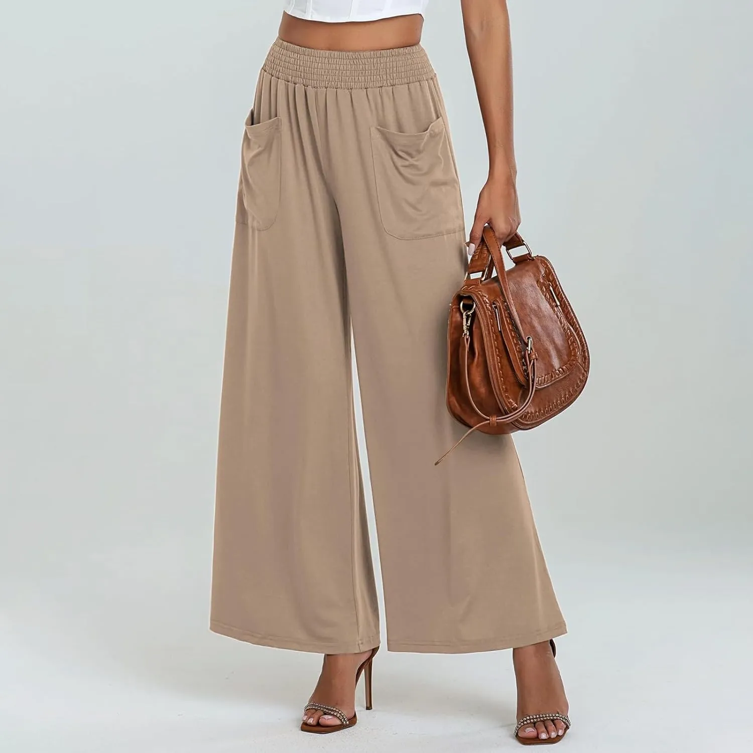 Women's Linen Pants Casual High Elastic Waist Wide Leg Palazzo Lounge Trousers Summer Beach Flowy Pants Culottes with Pockets