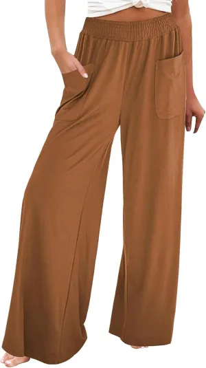 Women's Linen Pants Casual High Elastic Waist Wide Leg Palazzo Lounge Trousers Summer Beach Flowy Pants Culottes with Pockets