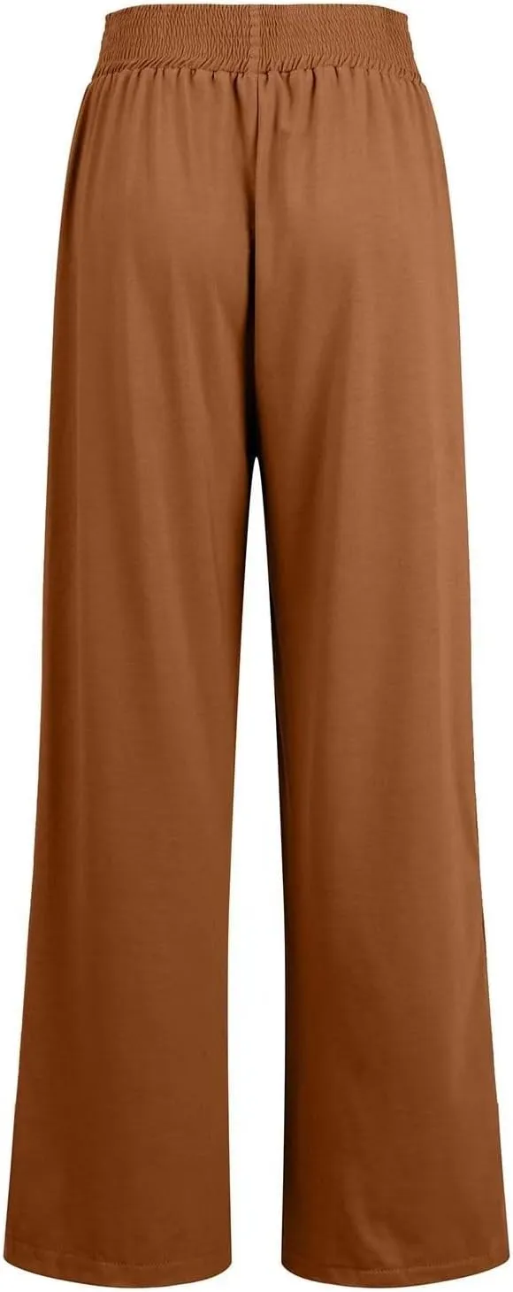 Women's Linen Pants Casual High Elastic Waist Wide Leg Palazzo Lounge Trousers Summer Beach Flowy Pants Culottes with Pockets