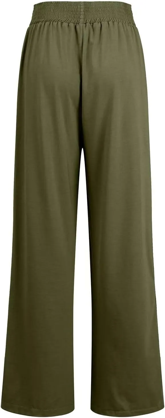 Women's Linen Pants Casual High Elastic Waist Wide Leg Palazzo Lounge Trousers Summer Beach Flowy Pants Culottes with Pockets