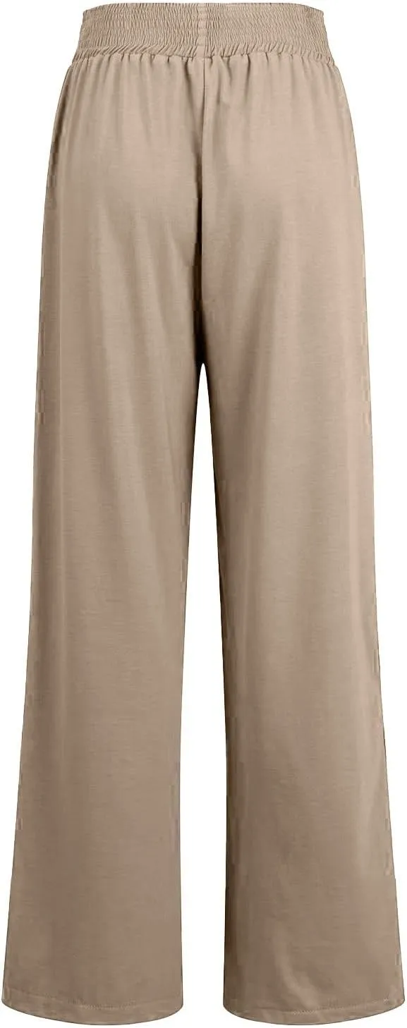 Women's Linen Pants Casual High Elastic Waist Wide Leg Palazzo Lounge Trousers Summer Beach Flowy Pants Culottes with Pockets