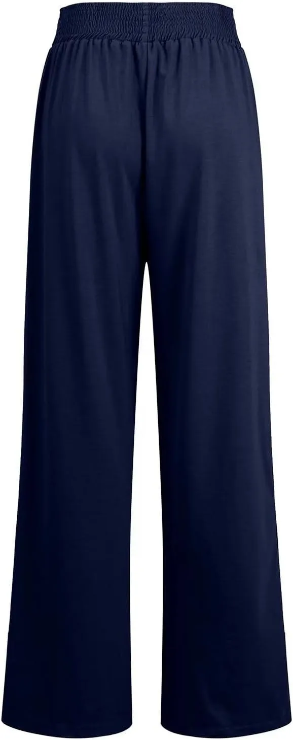 Women's Linen Pants Casual High Elastic Waist Wide Leg Palazzo Lounge Trousers Summer Beach Flowy Pants Culottes with Pockets