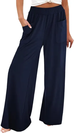 Women's Linen Pants Casual High Elastic Waist Wide Leg Palazzo Lounge Trousers Summer Beach Flowy Pants Culottes with Pockets